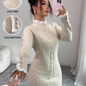 SHEIN Cream Long Sleeve Knit Dress with Lace and Gold Buttons